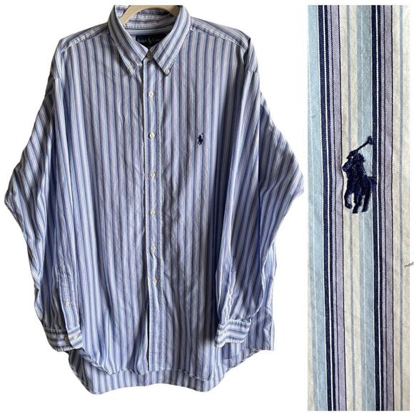 VTG Ralph Lauren Blue Stripe Long Sleeve Button Up Shirt Size XL Yarmouth 100% C - Picture 1 of 5